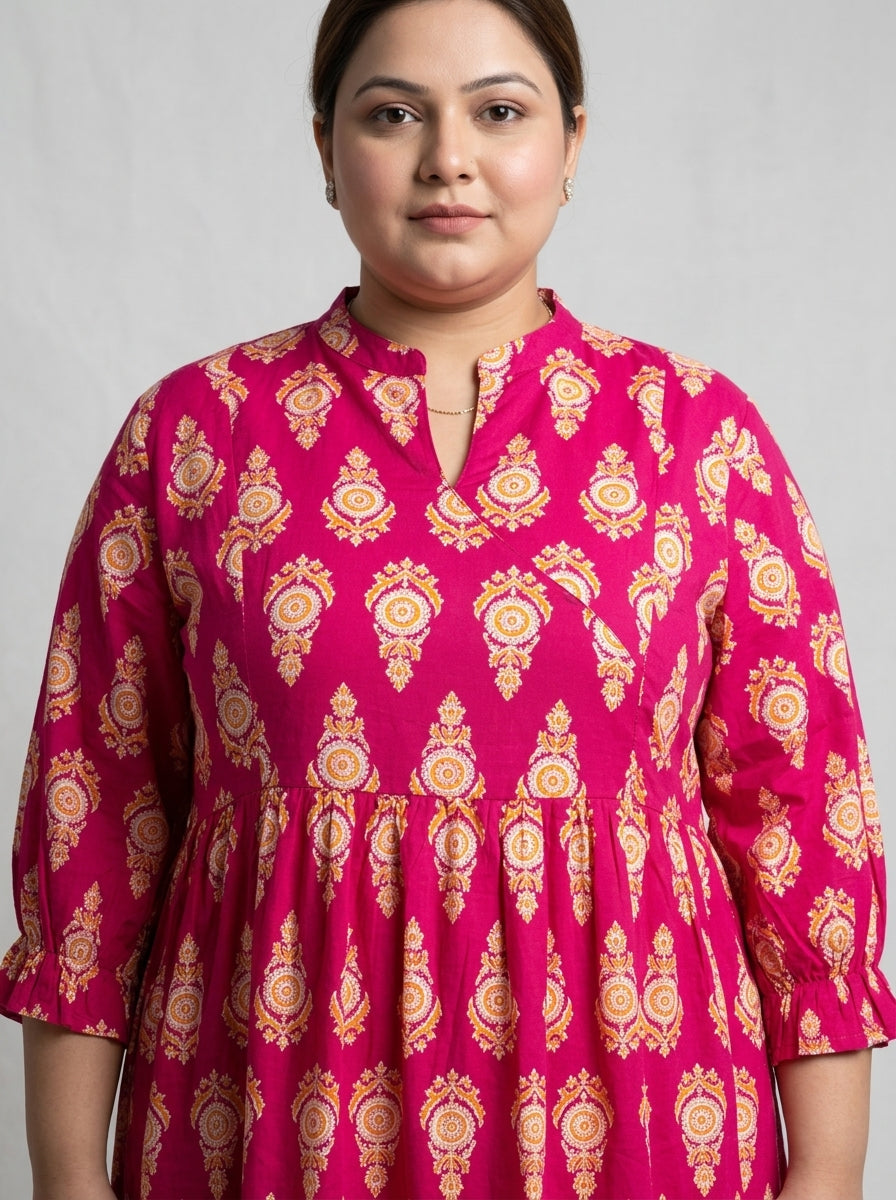 Plus Size Pink Cotton Flared Frock Style-600032