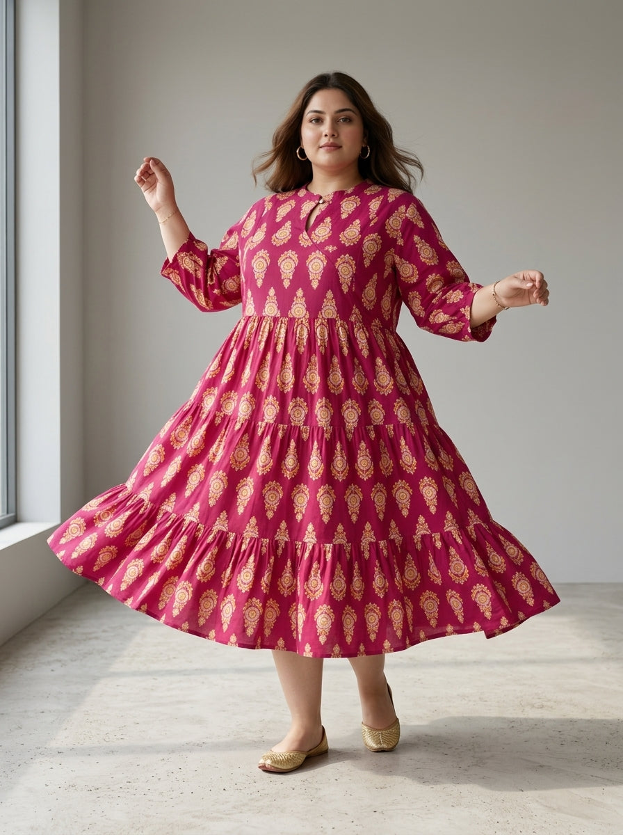 Plus Size Pink Cotton Flared Frock Style-600032 Main image