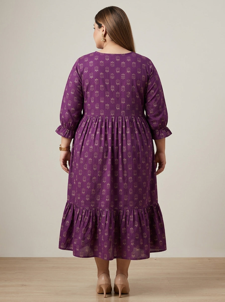 Plus Size Purple Cotton Flared Frock Style-600033