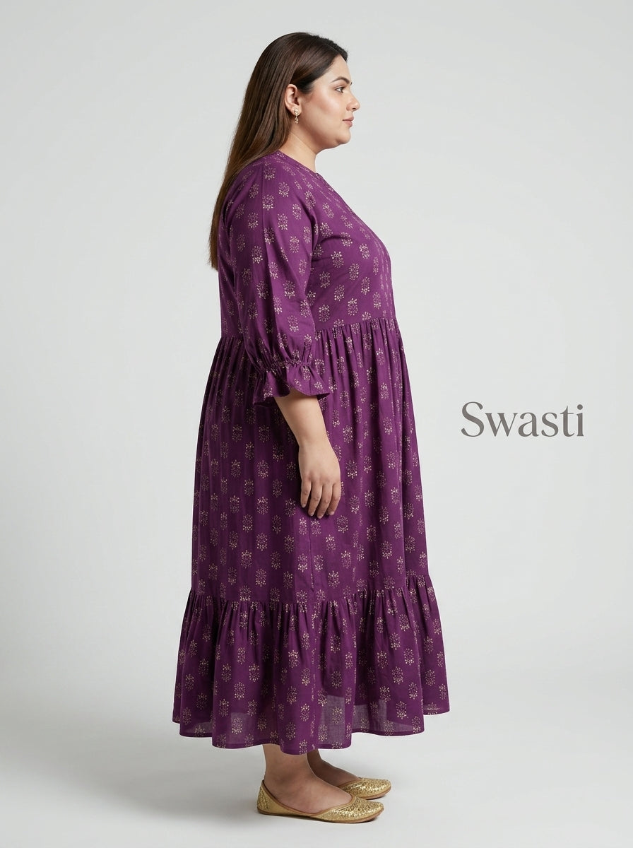 Plus Size Purple Cotton Flared Frock Style-600033