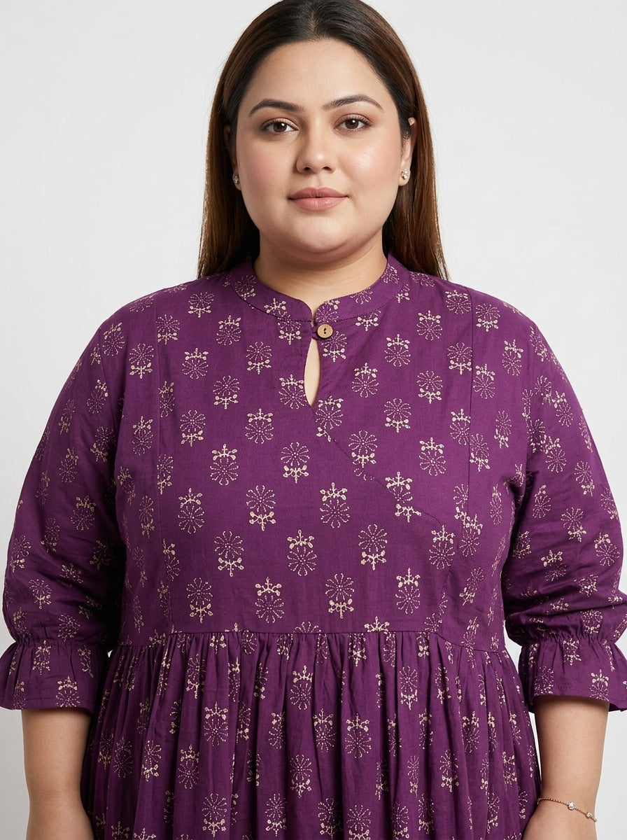 Plus Size Purple Cotton Flared Frock Style-600033