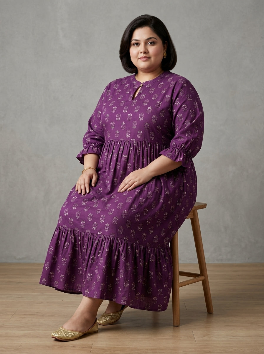 Plus Size Purple Cotton Flared Frock Style-600033