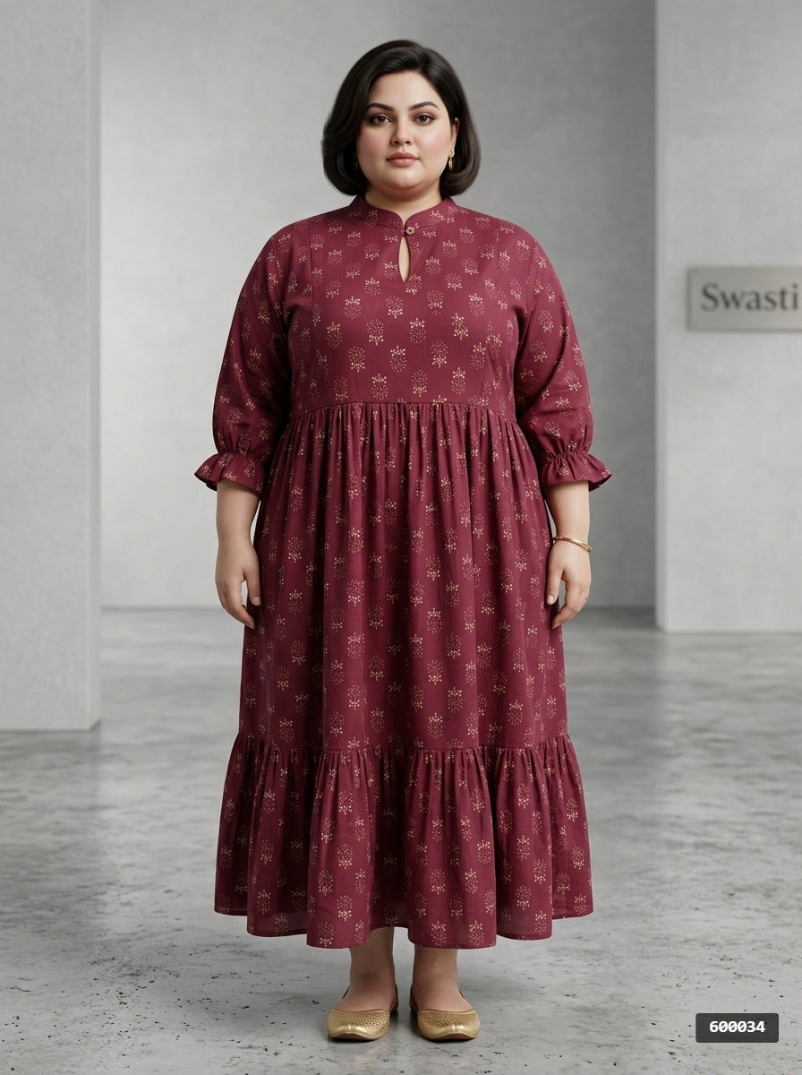 Plus Size Maroon Cotton Flared Frock Style-600034