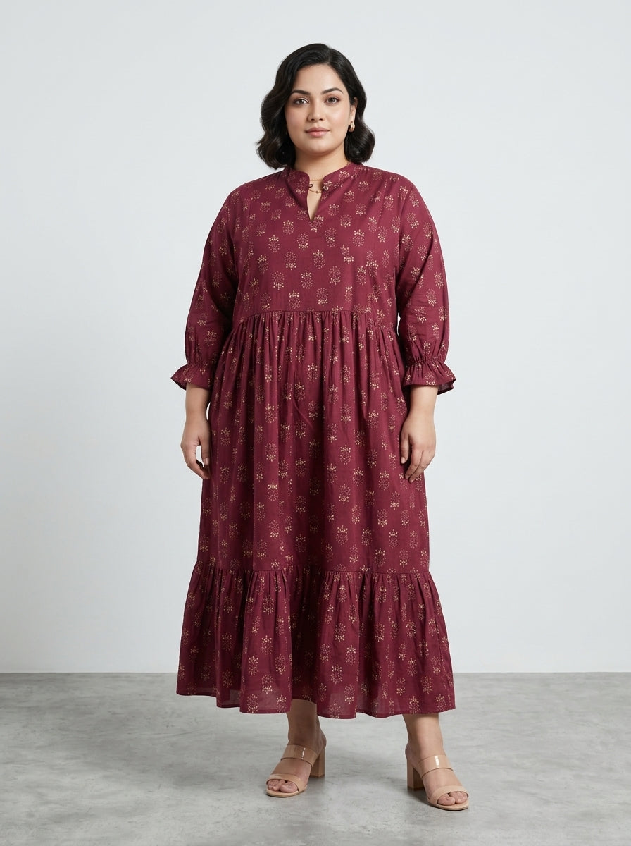 Plus Size Maroon Cotton Flared Frock Style-600034