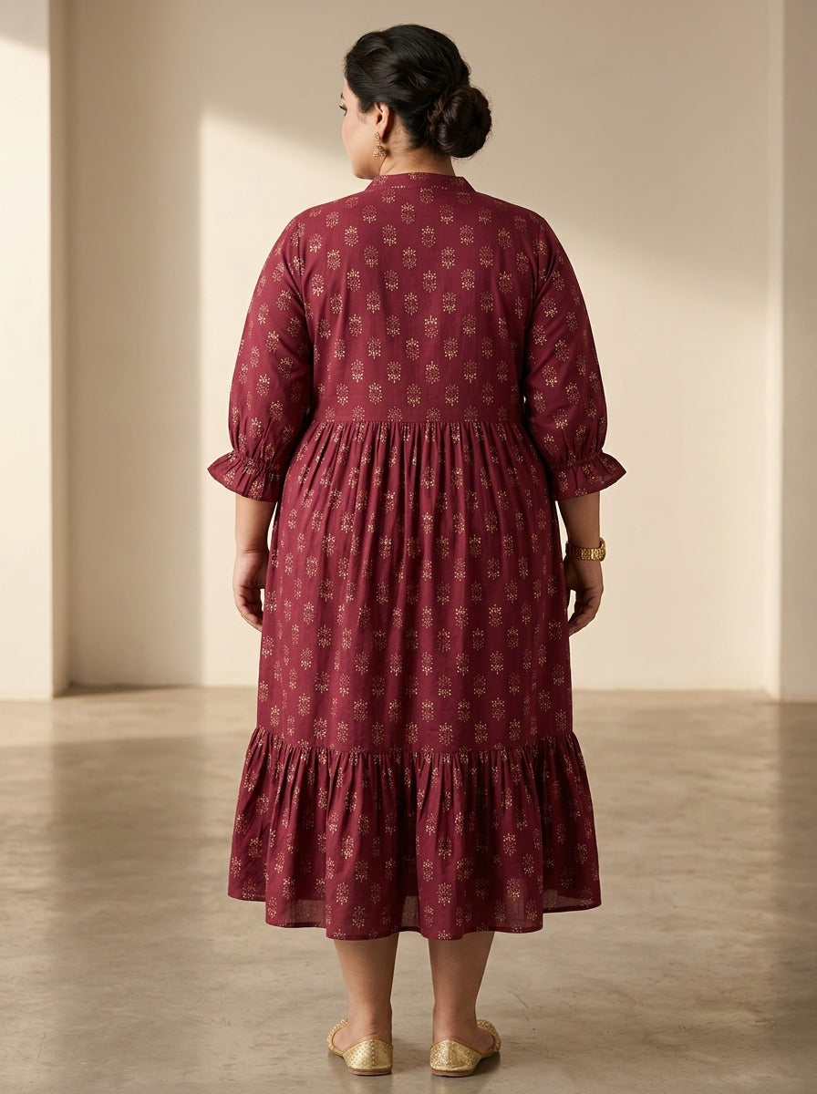 Plus Size Maroon Cotton Flared Frock Style-600034