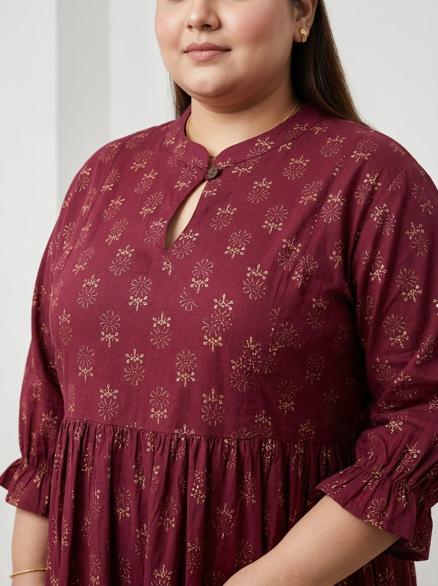 Plus Size Maroon Cotton Flared Frock Style-600034