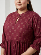 Plus Size Maroon Cotton Flared Frock Style-600034
