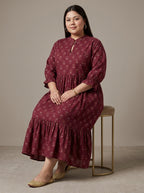 Plus Size Maroon Cotton Flared Frock Style-600034