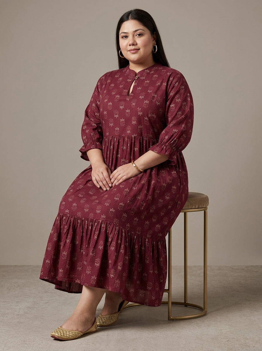 Plus Size Maroon Cotton Flared Frock Style-600034
