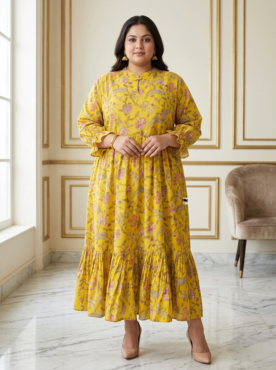 Plus Size Yellow Cotton Flared Frock Style-600035