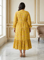 Plus Size Yellow Cotton Flared Frock Style-600035