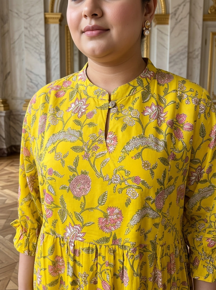 Plus Size Yellow Cotton Flared Frock Style-600035
