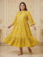 Plus Size Yellow Cotton Flared Frock Style-600035