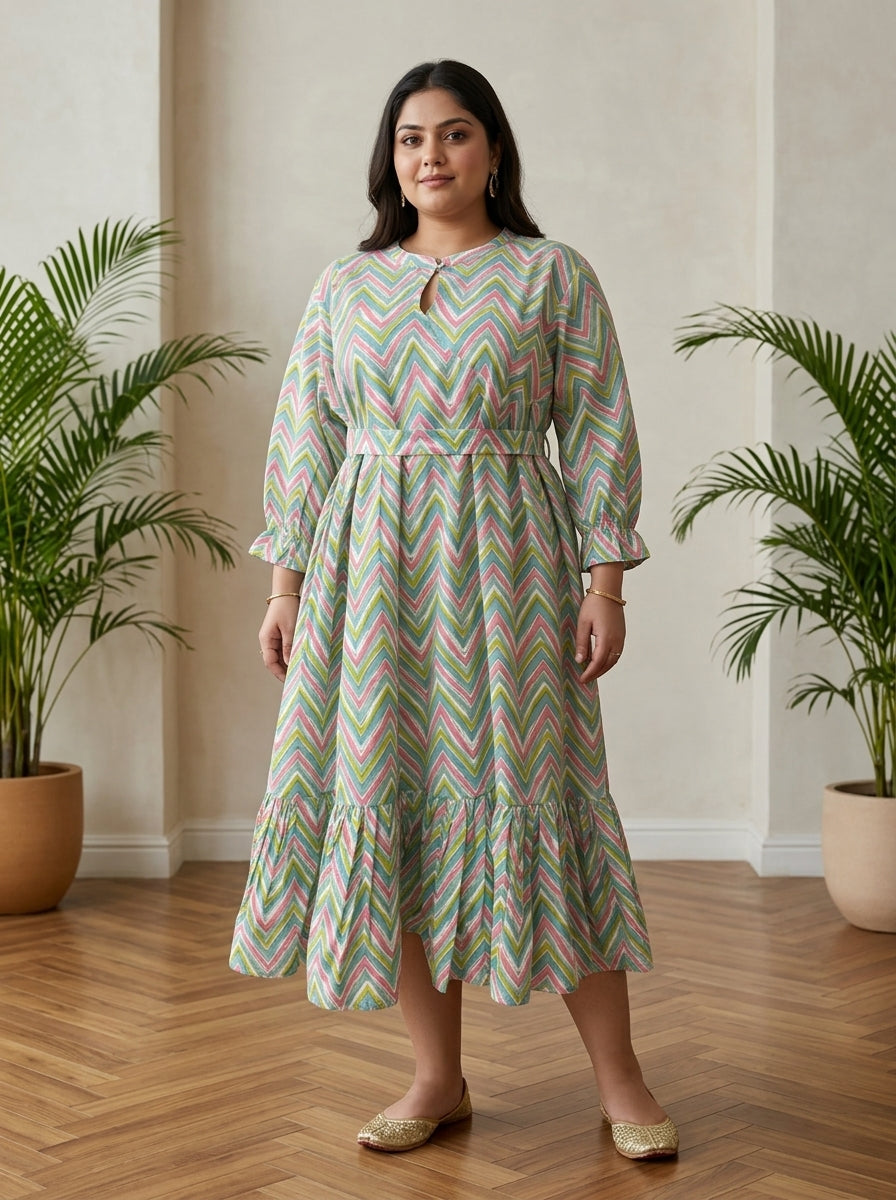 Plus Size Green Cotton Flared Frock Style-600036