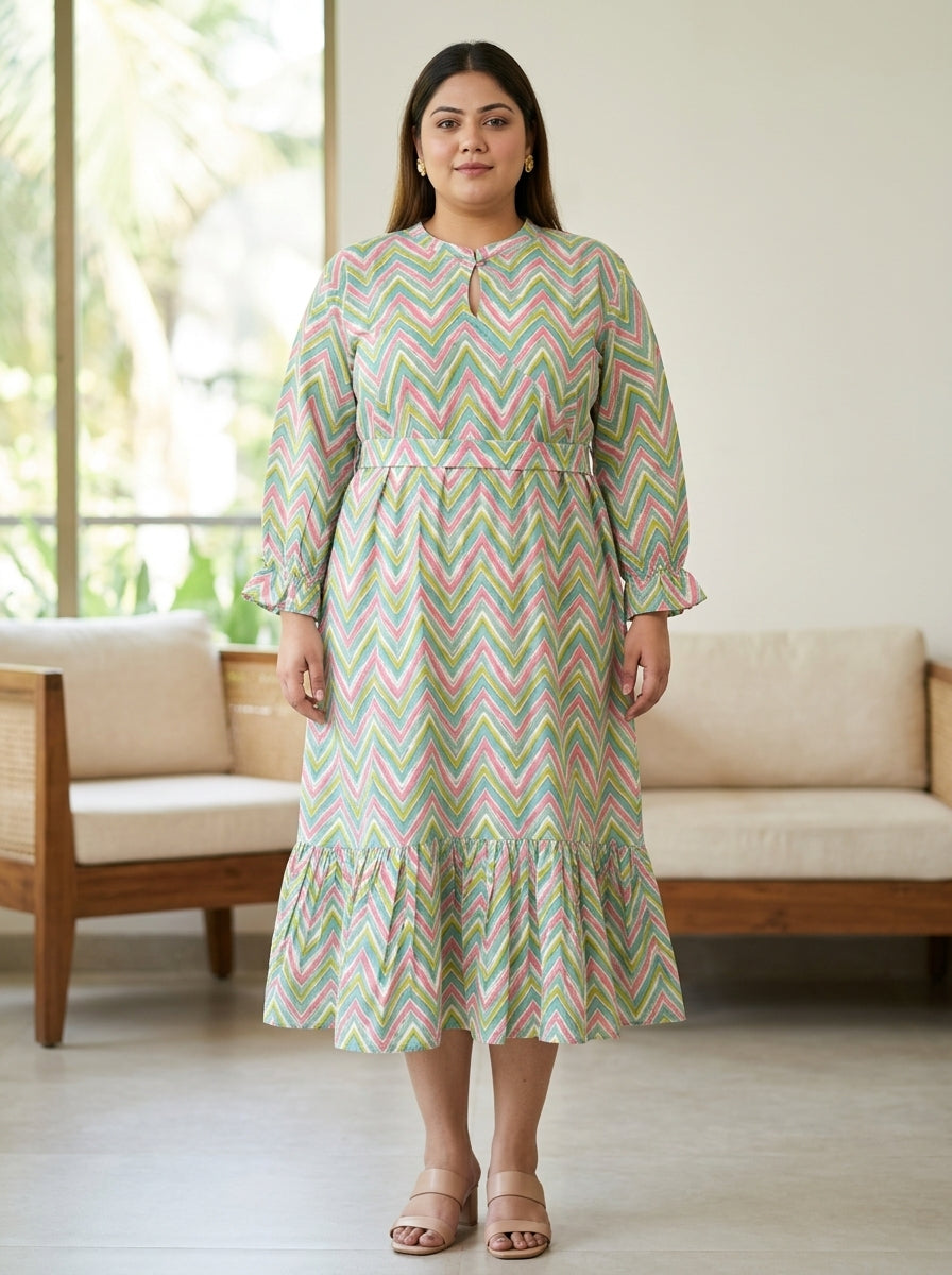 Plus Size Green Cotton Flared Frock Style-600036