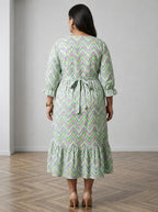 Plus Size Green Cotton Flared Frock Style-600036