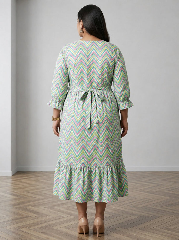 Plus Size Green Cotton Flared Frock Style-600036