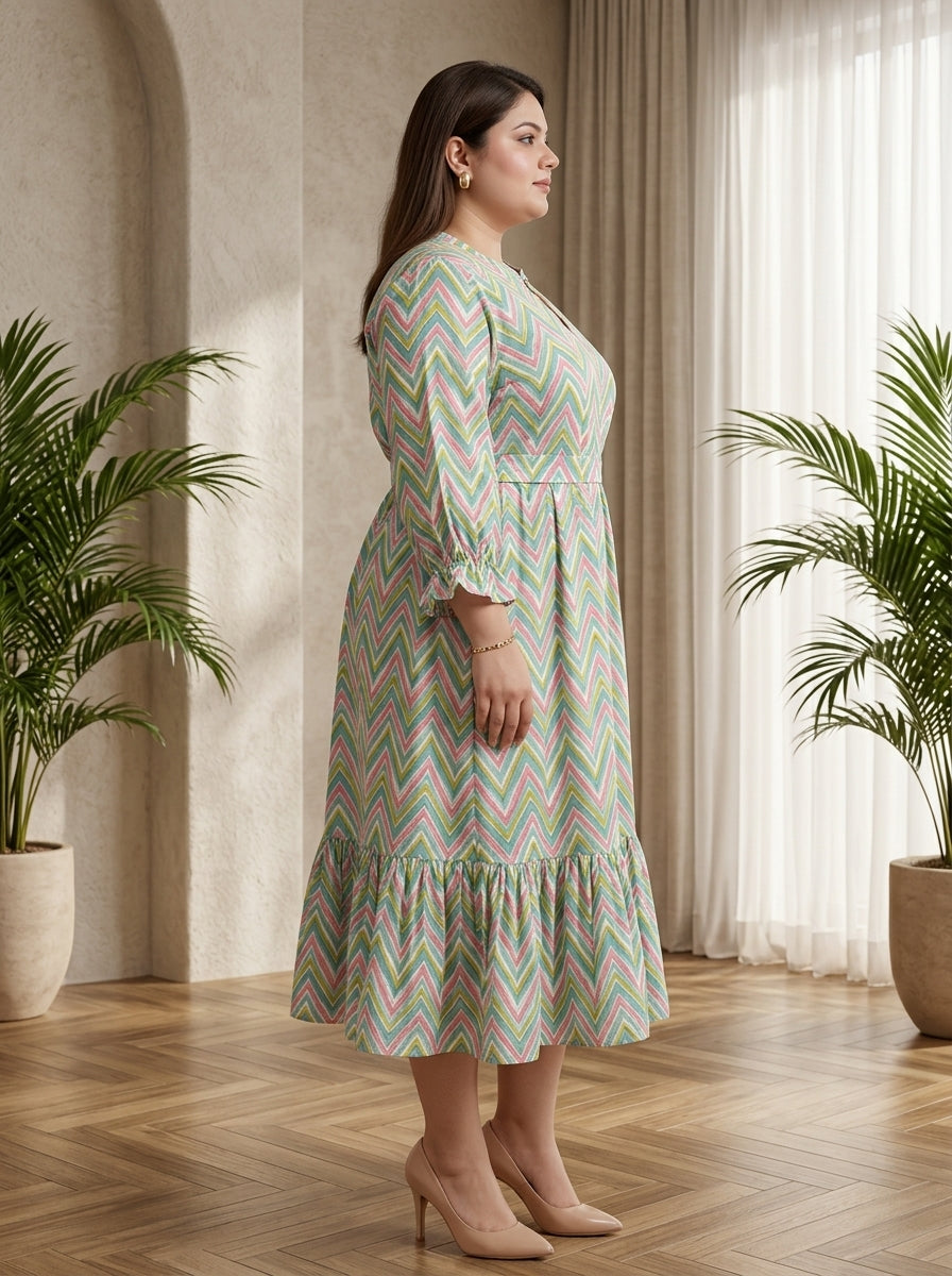 Plus Size Green Cotton Flared Frock Style-600036