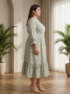 Plus Size Green Cotton Flared Frock Style-600036