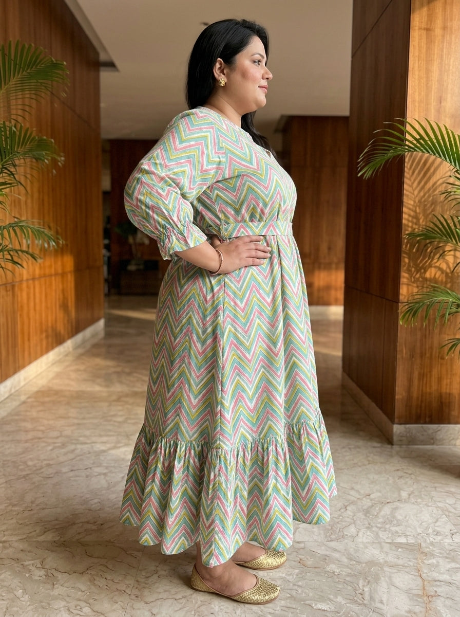 Plus Size Green Cotton Flared Frock Style-600036