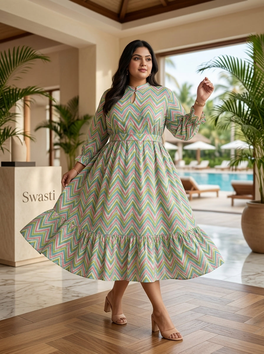 Plus Size Green Cotton Flared Frock Style-600036 Main image
