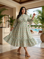 Plus Size Green Cotton Flared Frock Style-600036