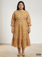 Plus Size Yellow Cotton Flared Frock Style-600037