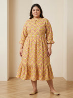 Plus Size Yellow Cotton Flared Frock Style-600037