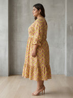 Plus Size Yellow Cotton Flared Frock Style-600037
