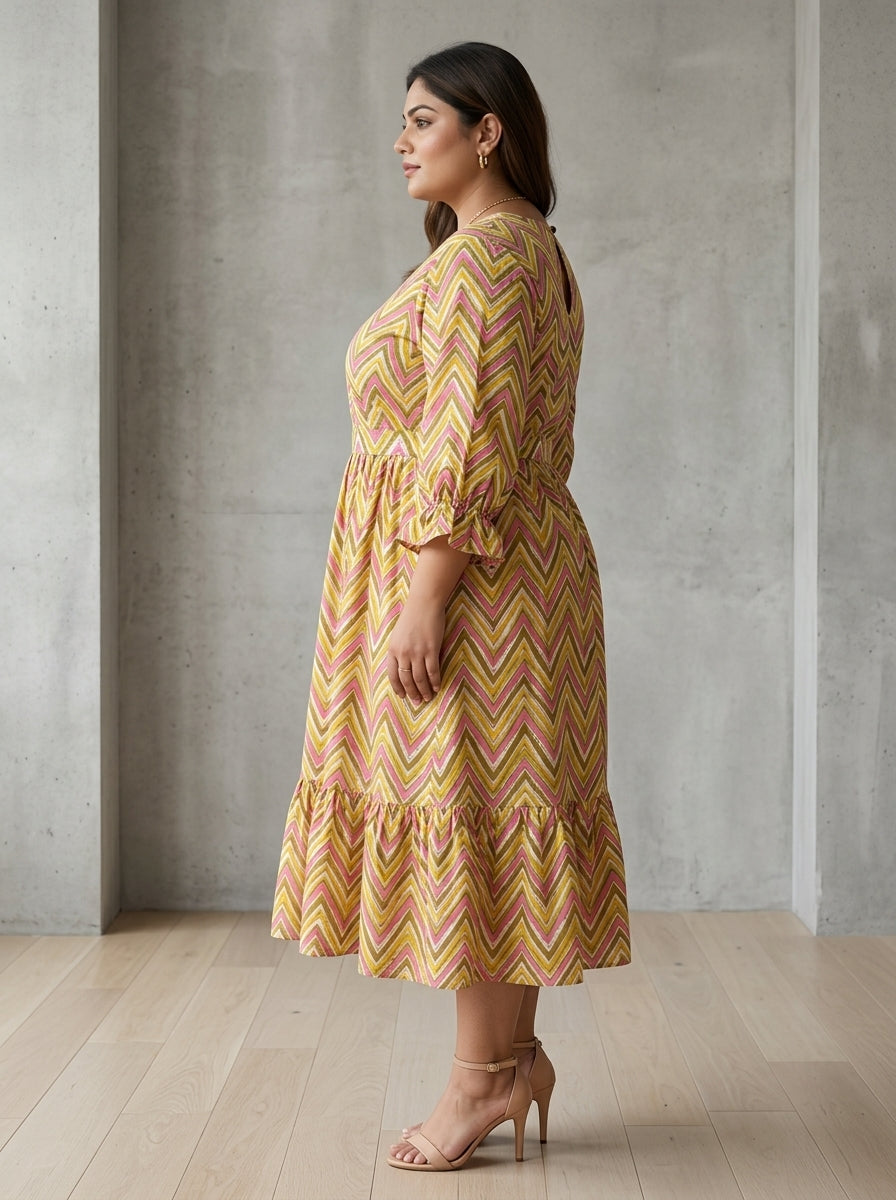 Plus Size Yellow Cotton Flared Frock Style-600037