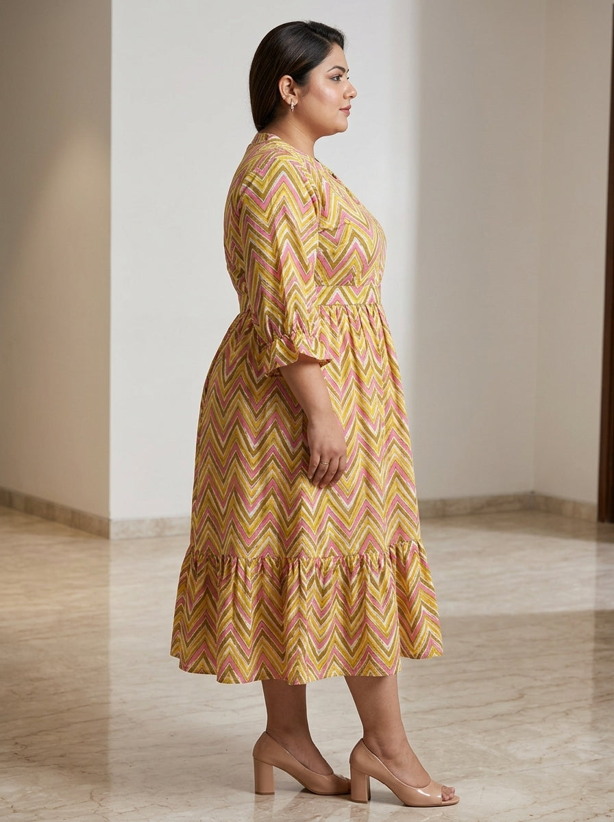Plus Size Yellow Cotton Flared Frock Style-600037