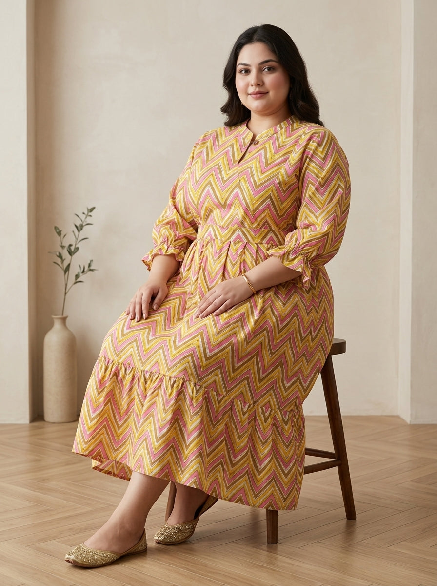 Plus Size Yellow Cotton Flared Frock Style-600037