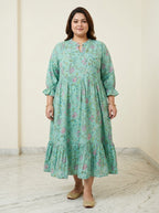 Plus Size Green Cotton Flared Frock Style-600038