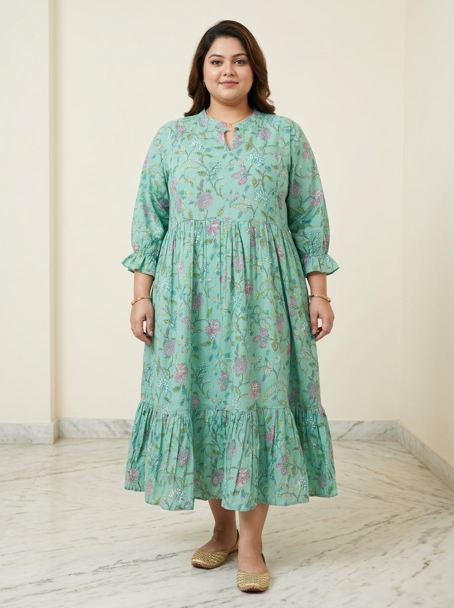 Plus Size Green Cotton Flared Frock Style-600038