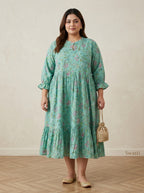 Plus Size Green Cotton Flared Frock Style-600038