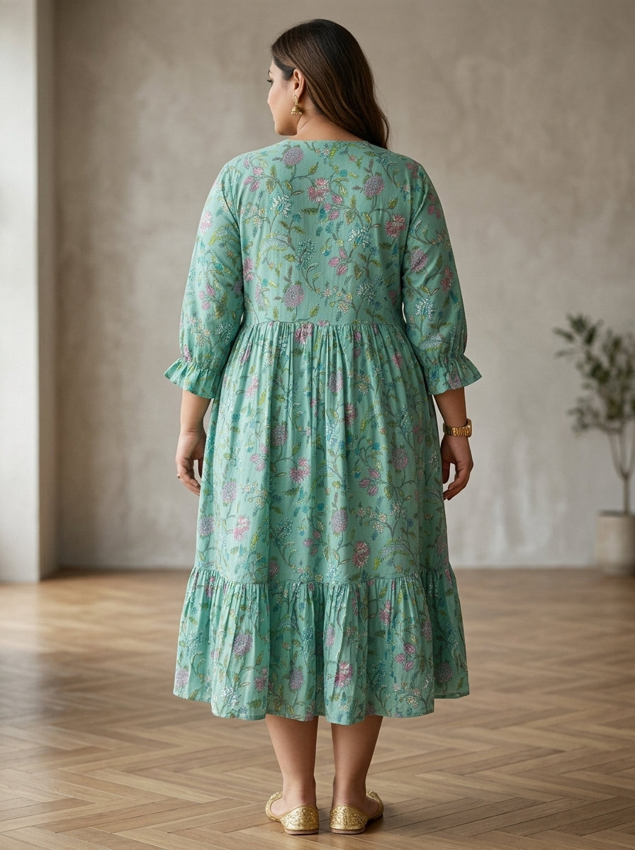 Plus Size Green Cotton Flared Frock Style-600038