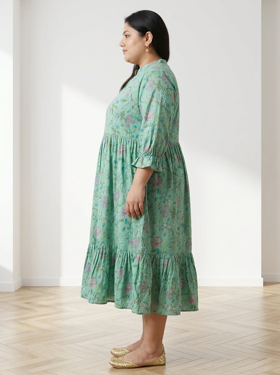 Plus Size Green Cotton Flared Frock Style-600038
