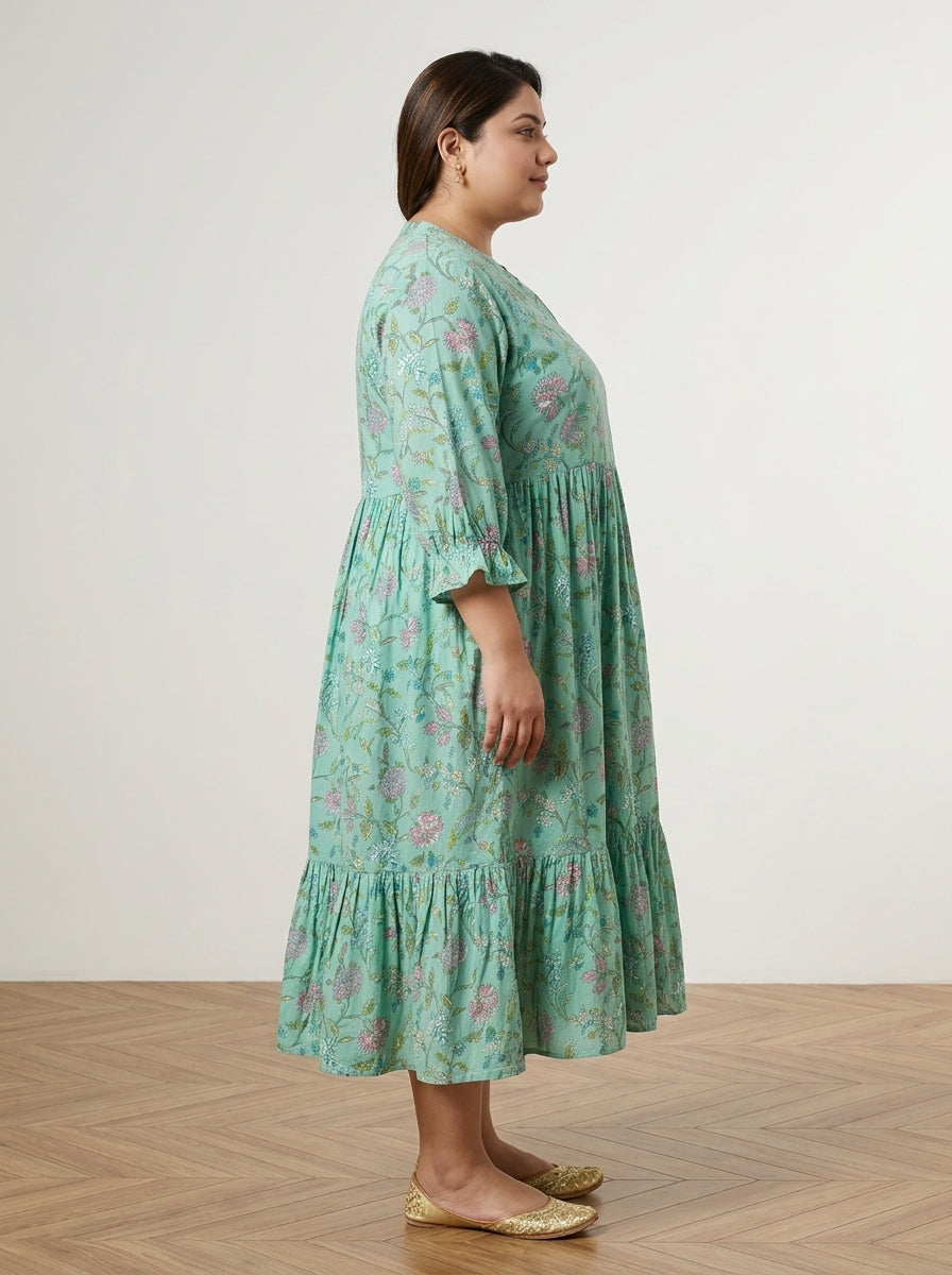 Plus Size Green Cotton Flared Frock Style-600038