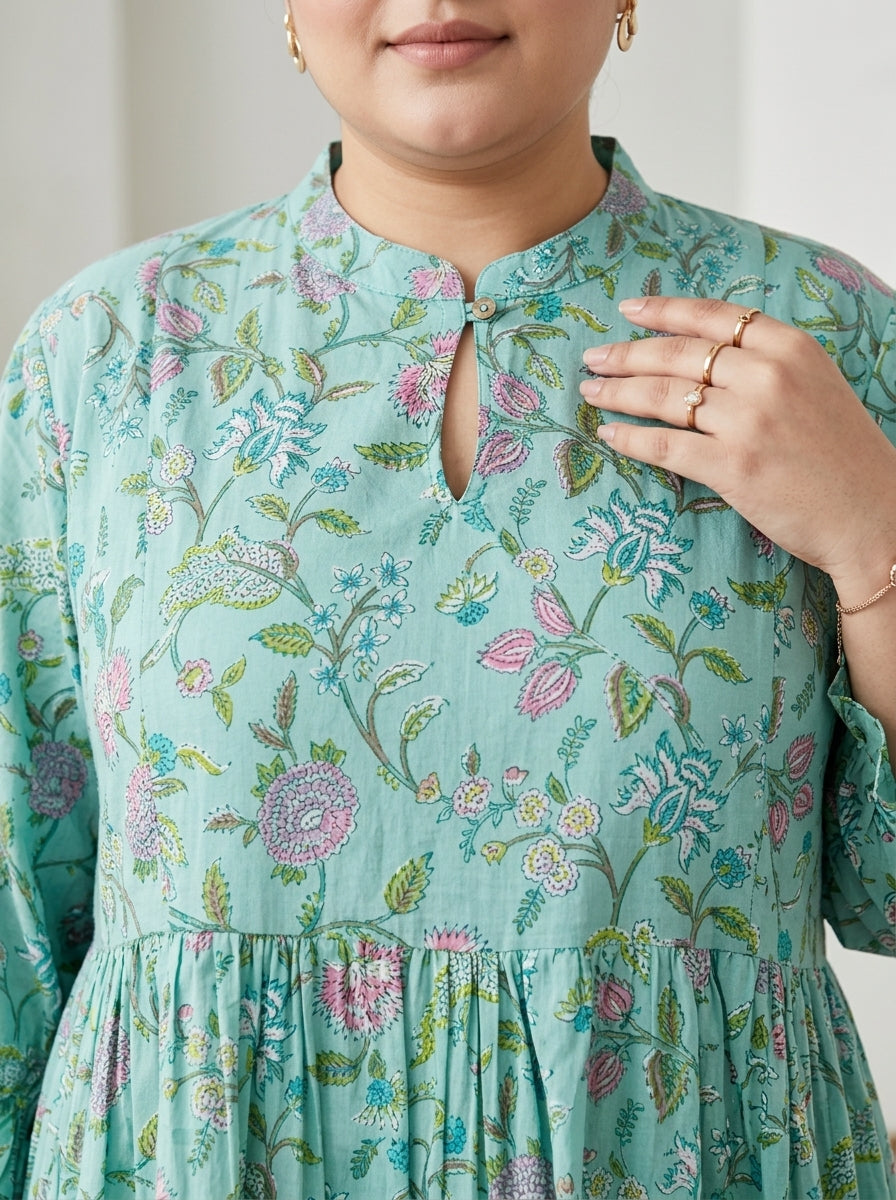 Plus Size Green Cotton Flared Frock Style-600038
