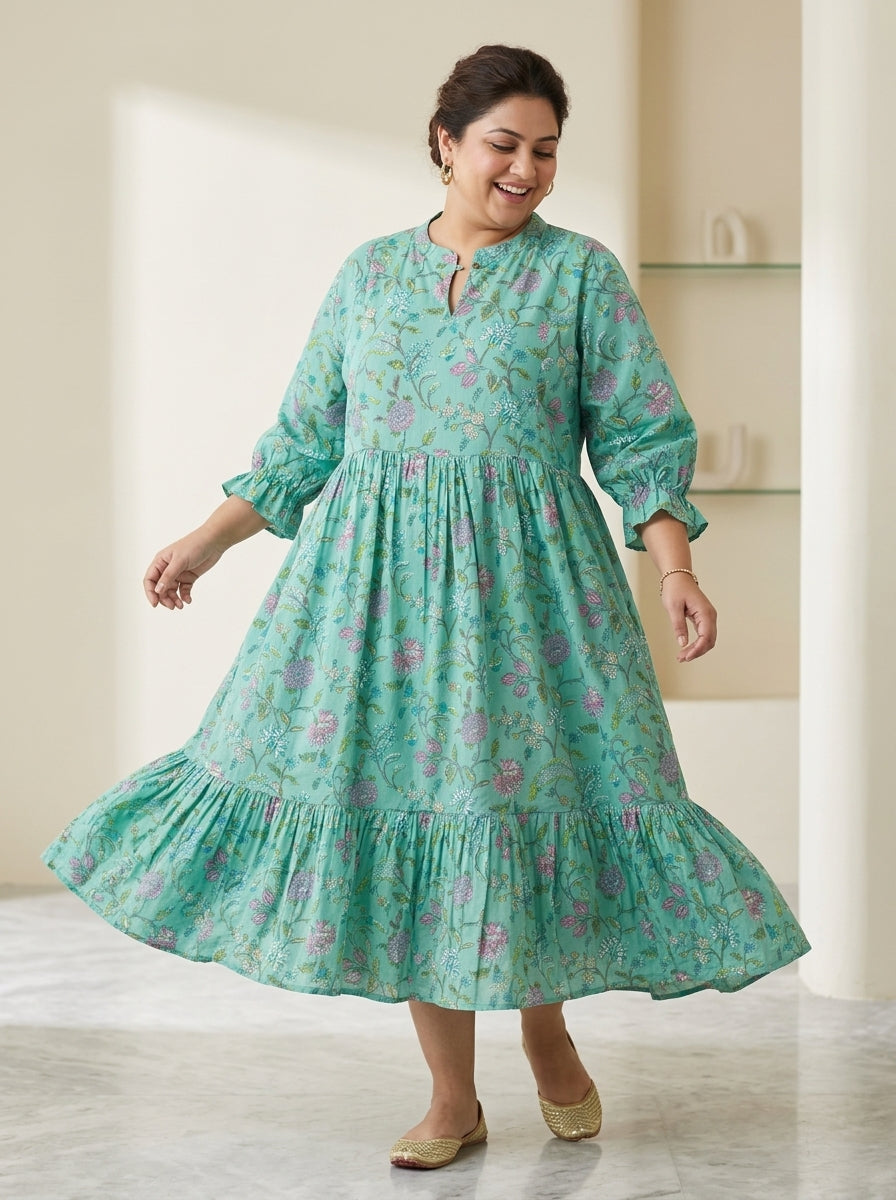 Plus Size Green Cotton Flared Frock Style-600038