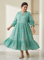 Plus Size Green Cotton Flared Frock Style-600038