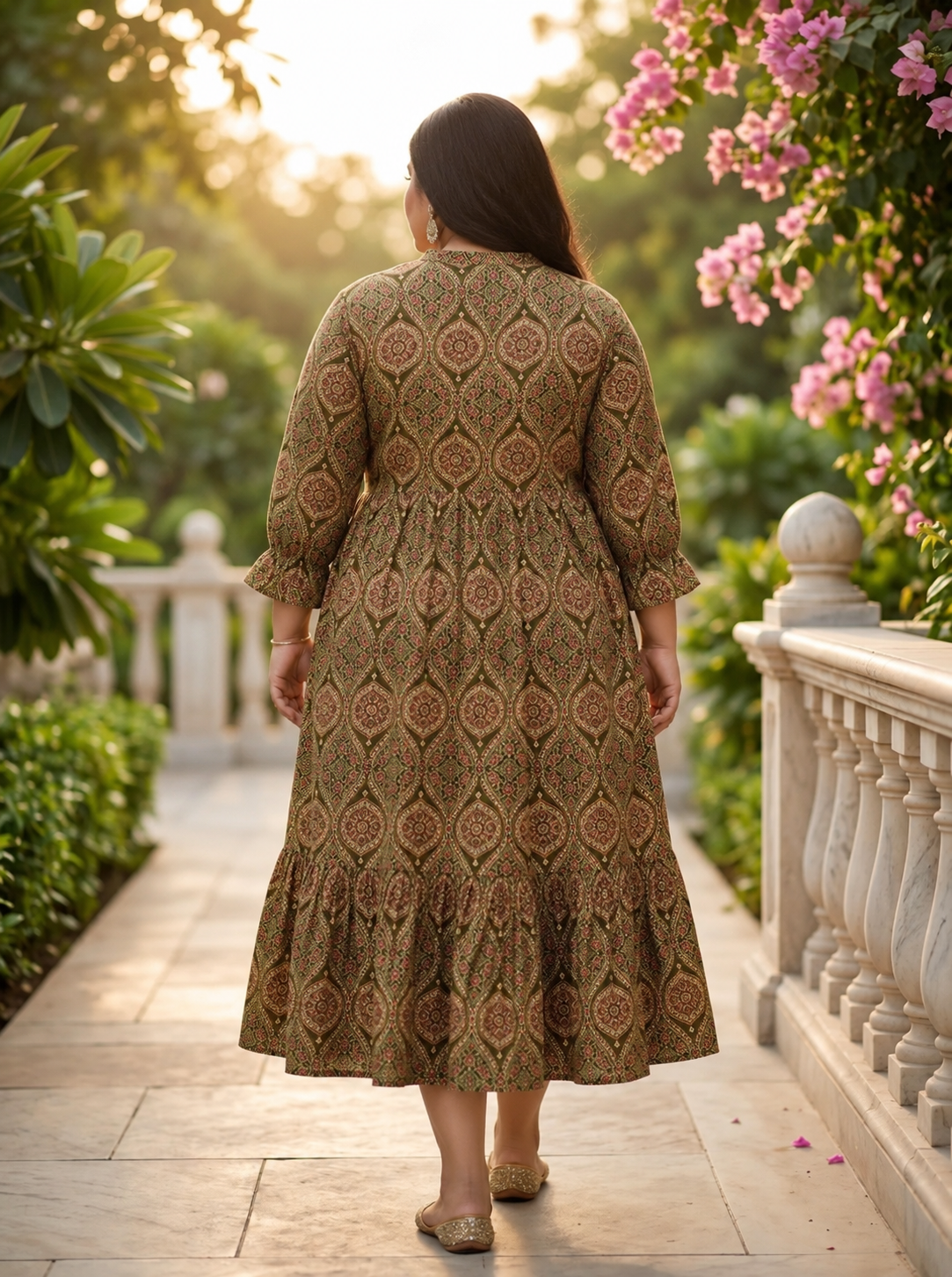 Green Cotton Flared Frock Style Plus Size-600040