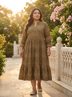 Green Cotton Flared Frock Style Plus Size-600040
