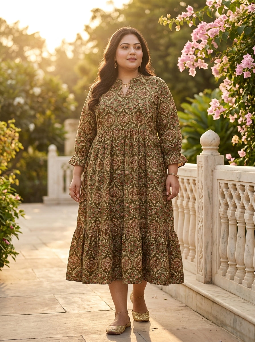 Green Cotton Flared Frock Style Plus Size-600040