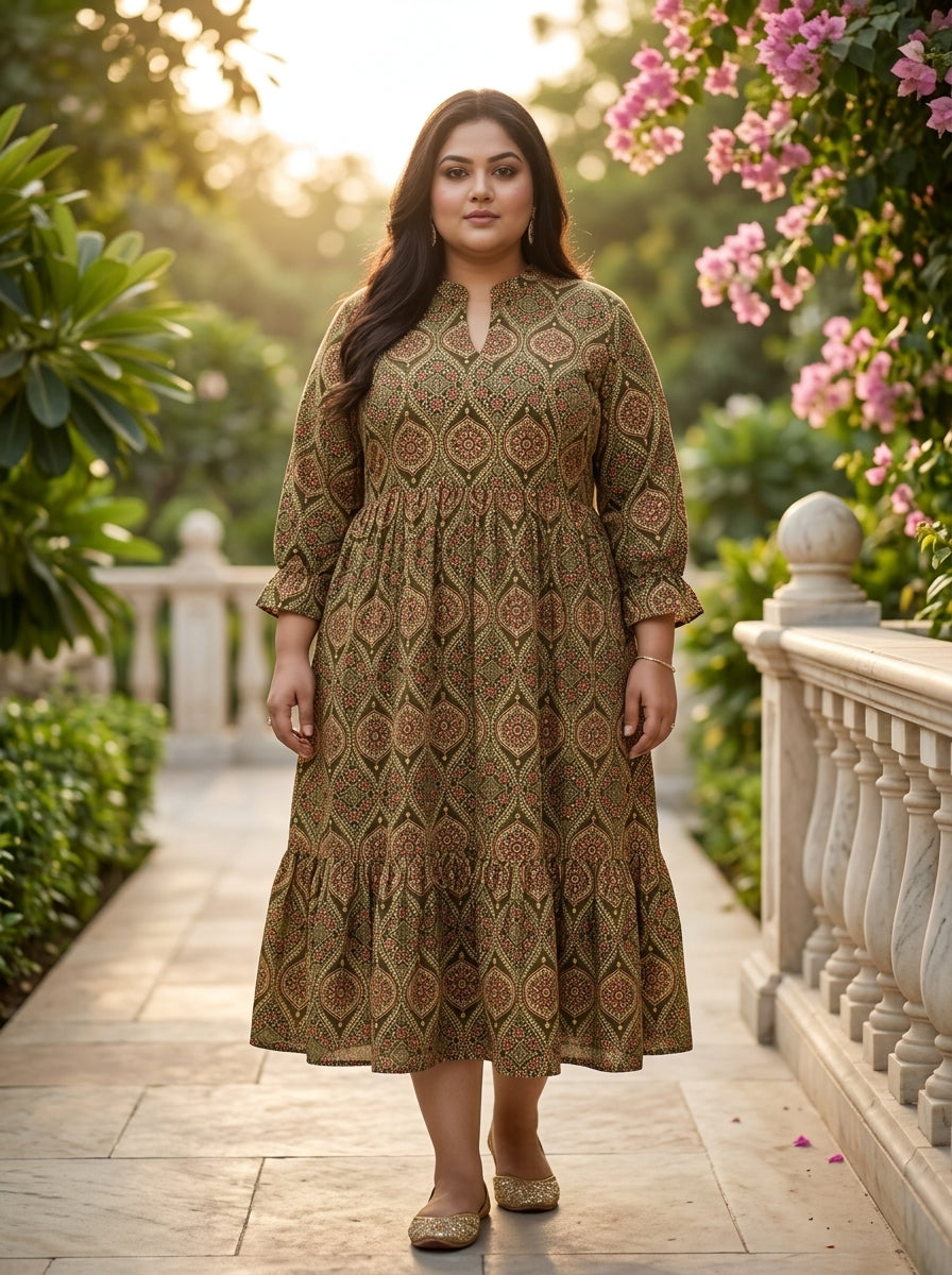 Green Cotton Flared Frock Style Plus Size-600040 Main image