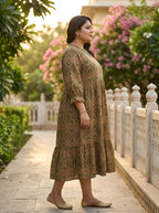 Green Cotton Flared Frock Style Plus Size-600040