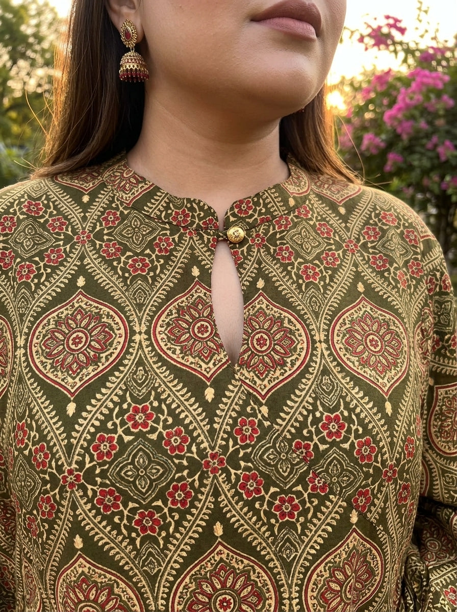 Green Cotton Flared Frock Style Plus Size-600040
