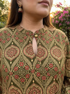 Green Cotton Flared Frock Style Plus Size-600040