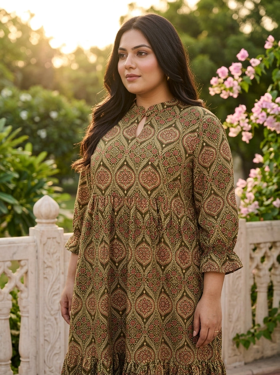 Green Cotton Flared Frock Style Plus Size-600040