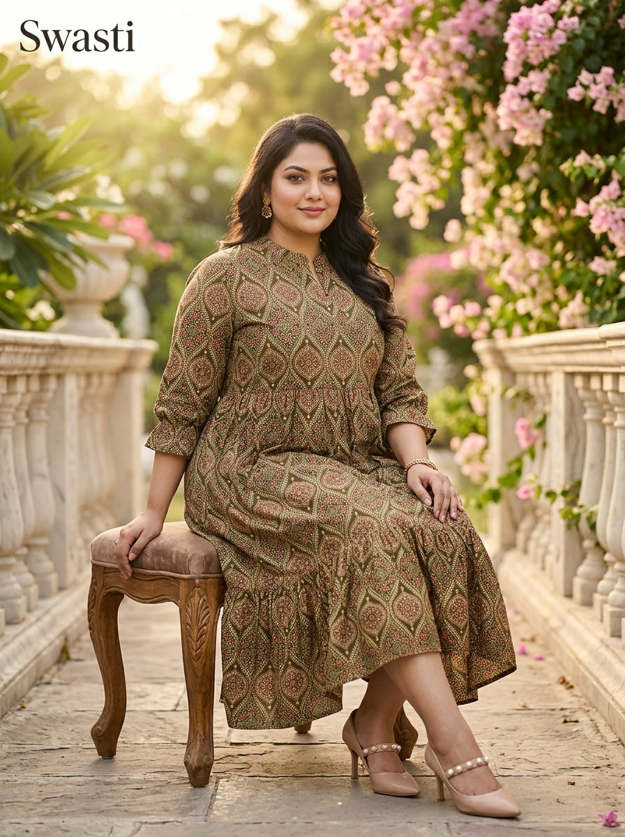 Green Cotton Flared Frock Style Plus Size-600040